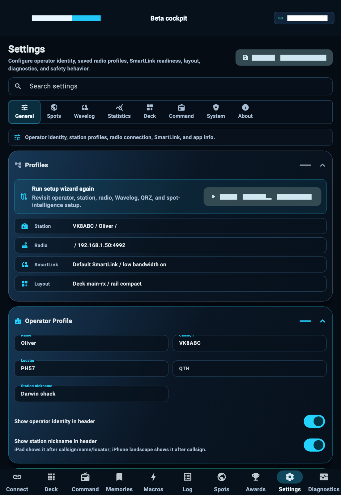 StationPilot settings and about screen on iPad