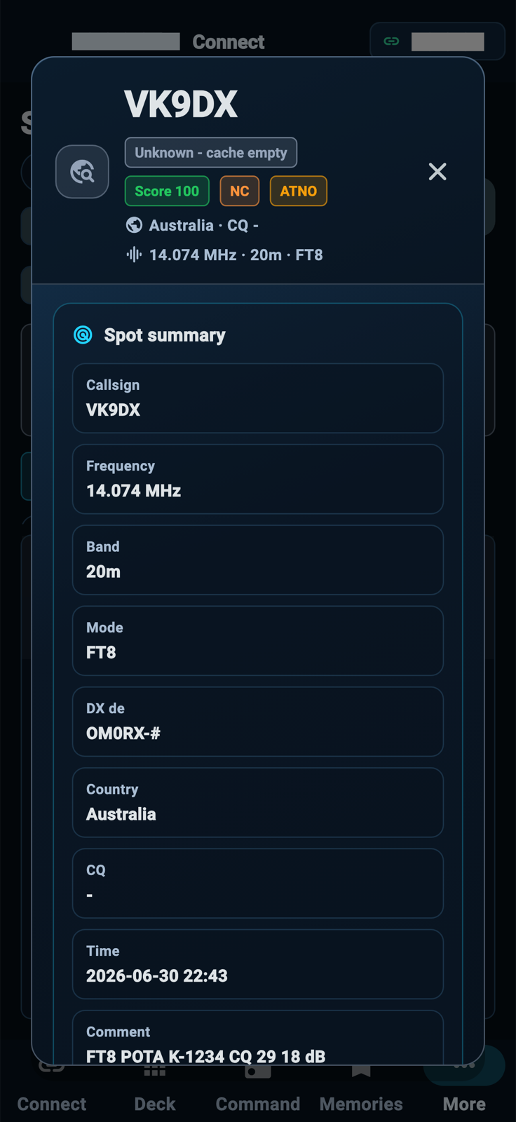 StationPilot spot detail modal on iPhone